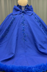 Royal Blue Satin Quinceanera Dress Off-Shoulder Ball Gown with 3D Beaded Flowers & Glitter Bow for Sweet 16 & Evening Galas